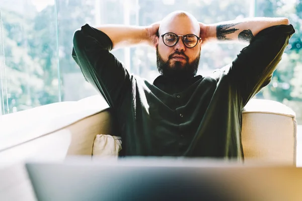 Bearded Pensive Male Person Carefully Watching Online Live Broadcast Website — Stock Photo, Image
