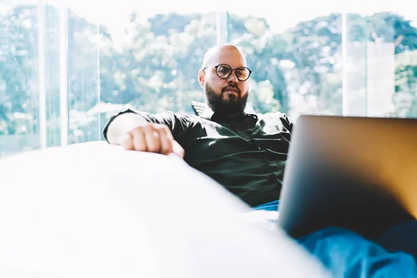 Handsome Experienced Male Eye Glasses Analyzing Information Network Place Bet — Stock Photo, Image