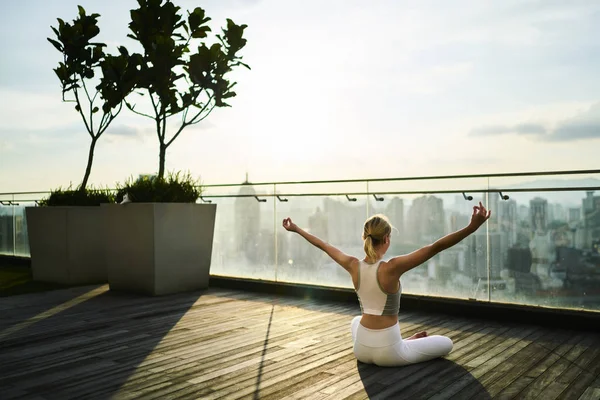 Bir gökdelenin çatı yeniden oluşturma ve geri yükleme canlılık megalopolis, üzerinde sağlıklı yaşam oturan yoga poz duygu barış ve gevşeme tutmak spor kadın eğitim ince kız arkadan görünüm