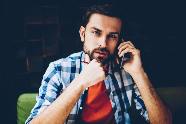 Portrait Serious Bearded Young Man Dressed Casual Stylish Shirt Looking — Stock Photo, Image