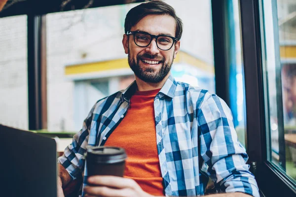 Half Length Portrait Successful Bearded Young Man Eyeglasses Vision Correction — Stock Photo, Image