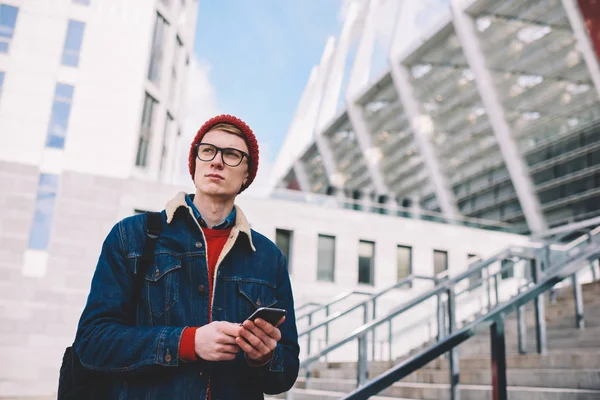 Thoughtful Hipster Student Eyewear Walking Street Smartphone Hands Send Sms — Stock Photo, Image