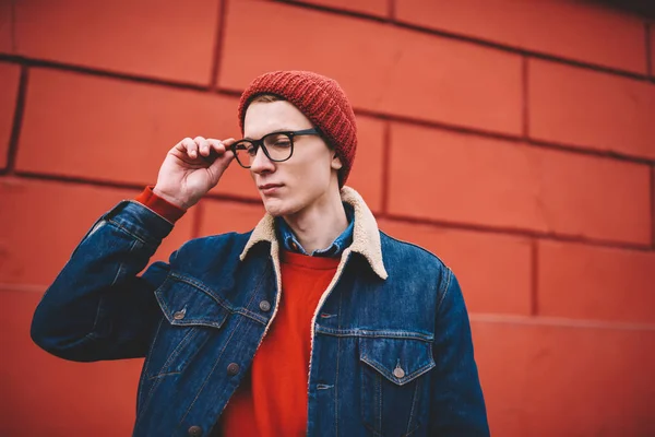 Young Man Stylish Red Hat Optical Eyeglasses Vision Correction Looking — Stock Photo, Image