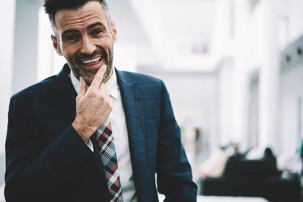 Half Length Portrait Successful Happy Businessman Middle Aged Dressed Stylish — Stock Photo, Image