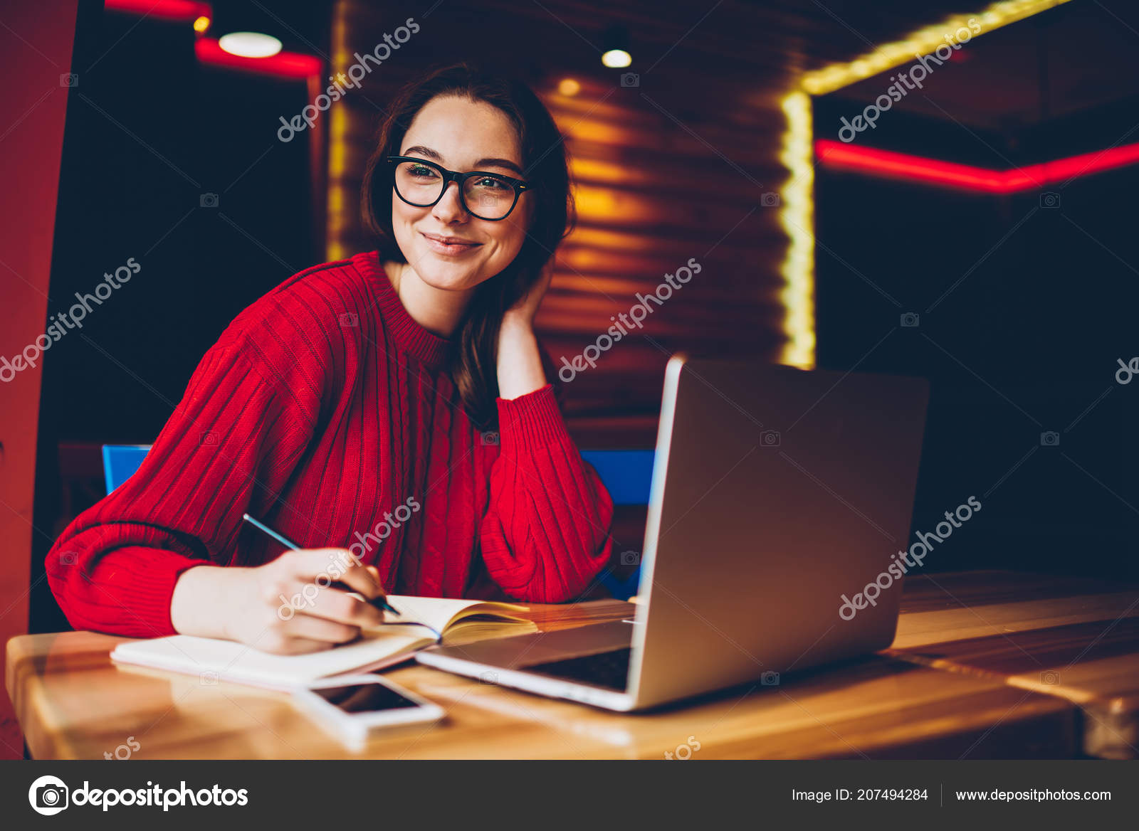 Smiling Young Woman Enjoying Freelance Work Cafe Interior