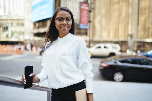 Portrait Successful Dark Skinned Office Worker Dressed Trendy Shirt Holding — Stock Photo, Image
