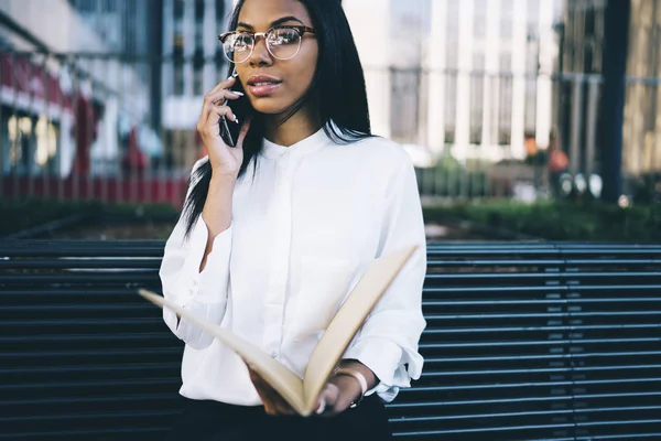 Successful African American Young Entrepreneur Trendy White Shirt Calling Bank — Stock Photo, Image