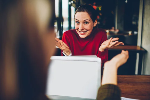 Cheerful Young Student Explaining New Successful Plan Colleague Distance Job — Stock Photo, Image