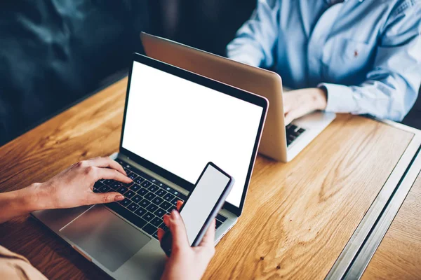 Cropped Image Student Hands Typing Keyboard Modern Laptop Device Mock — Stock Photo, Image