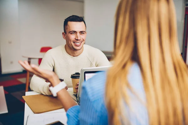 Cheerful Male Applicant Vacancy Company Conversation Female Recruiter Hiring Job — Stock Photo, Image