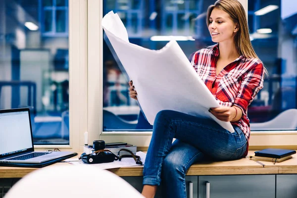 Positive Female Architect Holding Paper Blueprint Satisfied Completed Drafting Deadline — Stock Photo, Image