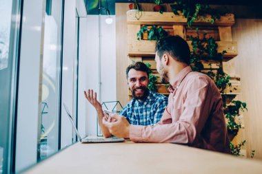 Gülüyor ve kamera, pozitif hipster adam mutlu müreffeh online proje meslektaşı ile konuşmak hakkında bakarak kampüs arkadaşıyla görüşme sırasında el hareketi neşeli sakallı erkek öğrenci 
