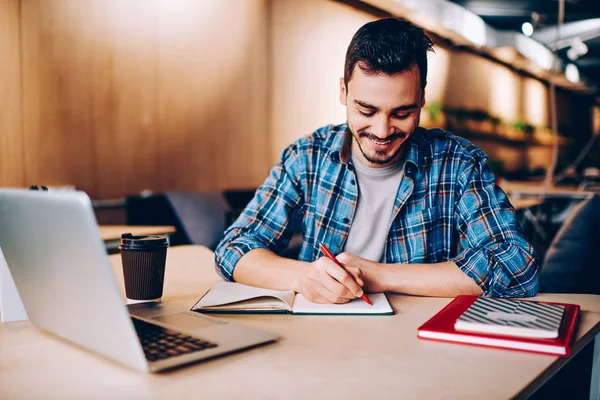 Smiling Male Blogger Satisfied Having Great Idea Publication Making Notes — Stock Photo, Image