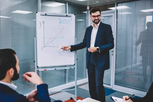 Businessman have new interesting ideas for increasing income, prosperous male entrepreneurs thinking about new methods to make working process effective and productive during briefing with flip chart