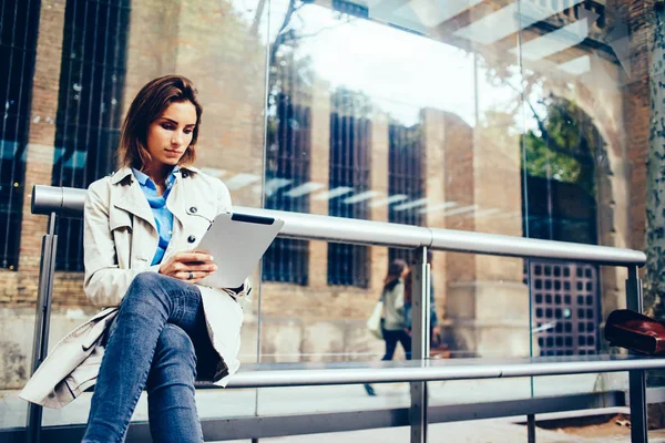 Concentrated Young Woman Stylish Coat Reading Book Waiting Tram Urban — Stock Photo, Image