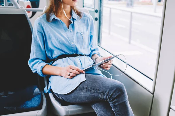 Cropped View Young Woman Passenger Earphones Listening Audio Book Download — Photo