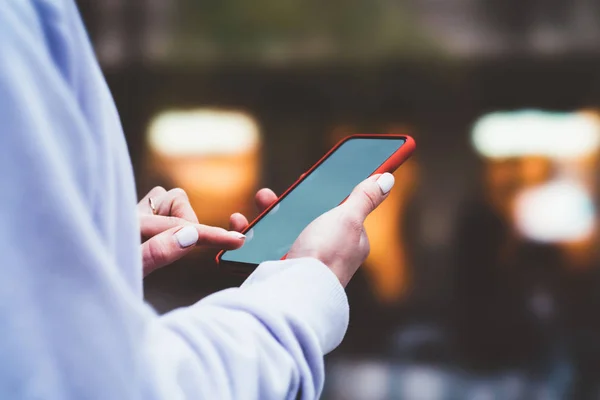 Cropped View Woman Hands Holding Modern Smartphone Device Big Copy — Stock Photo, Image