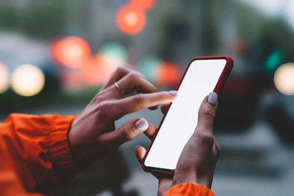 Close Back View Female Person Holding Modern Smartphone Night Touching — Fotografia de Stock