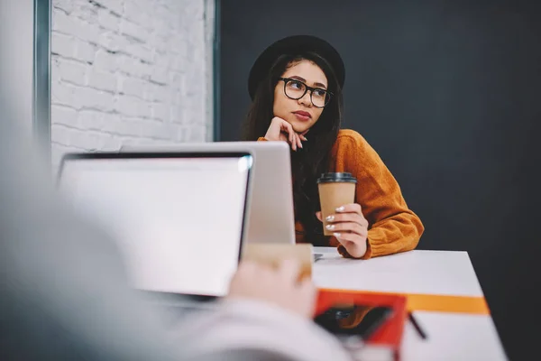 Back View Image Student Working Laptop Computer While Contemplative Friend — Stock Photo, Image