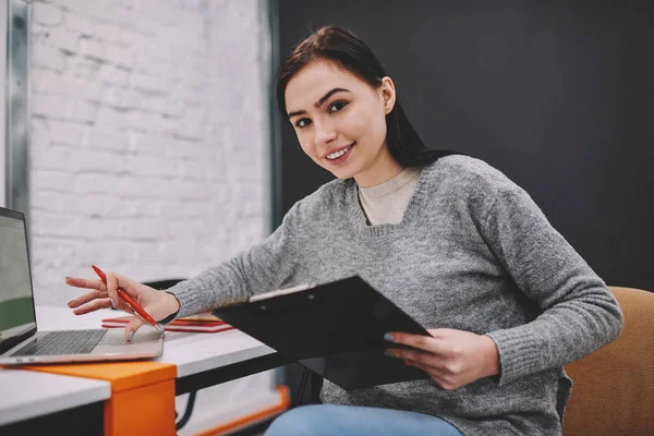 Half Length Portrait Cute Cheerful Hipster Girl Holding Folder Hand — Stock Photo, Image