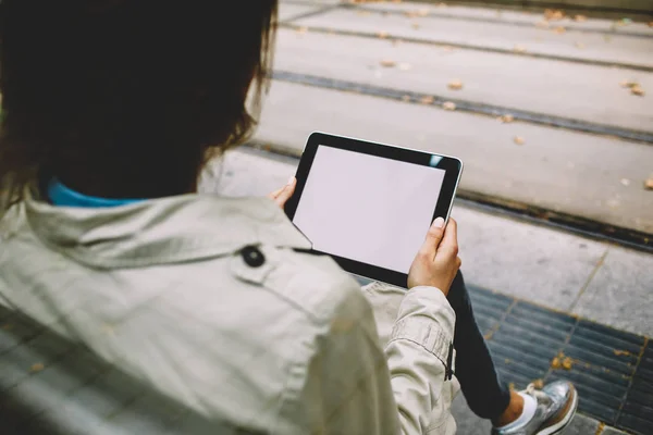 Back Cropped View Young Holding Modern Tablet Blank Screen Area — Stock Photo, Image