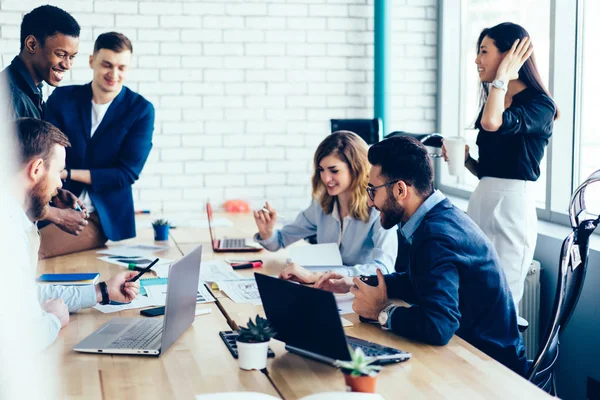 Multicultural Team Positive Male Female Architects Formal Wear Laughing While — Stock Photo, Image