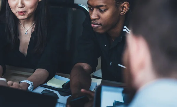 Cropped View Pensive African American Young Man Collaborating Colleagues Having — Stock Photo, Image