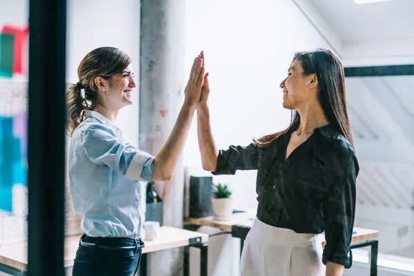 Two Cheerful Female Colleagues Dressed Formal Wear Celebrating Victory Startup — Stock Photo, Image