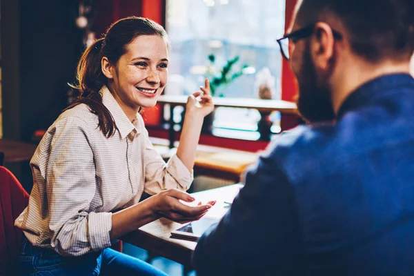 Cheerful Young Pretty Woman Communicating Boyfriend Laughing Conversation Resting Together — Stock Photo, Image