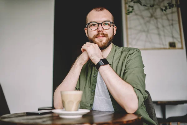 Portrait Bearded Hipster Guy Dressed Casual Wear Looking Camera While — Stock Photo, Image