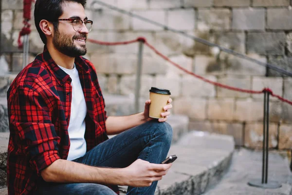 Side View Happy Young Man Casual Wear Recreating Outdoors Leisure — стоковое фото