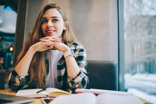Prosperous Smiling Female Student Looking Away Dreaming Trip Break Studying — Stock Photo, Image