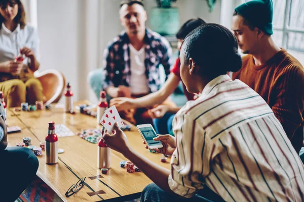 Selective Focus African American Hipster Girl Holding Cards Hands Playing — Stock Photo, Image