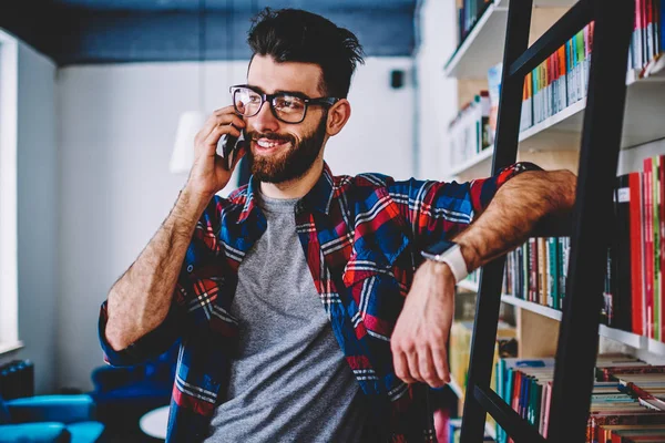 Happy Successful Hipster Guy Talking Best Friend Mobile Phone Wuth — Stock Photo, Image