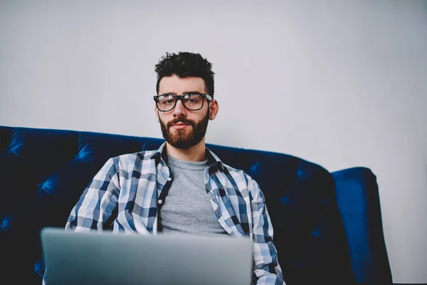 Portrait Handsome Millennial Hipster Guy Sitting Cozy Sofa Netbook Looking — Stock Photo, Image