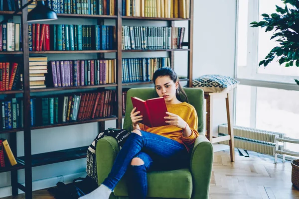 Roman Akıllı Kadın Ücretsiz Vakit Edebiyat Librar Ile Oturma Odasında — Stok fotoğraf