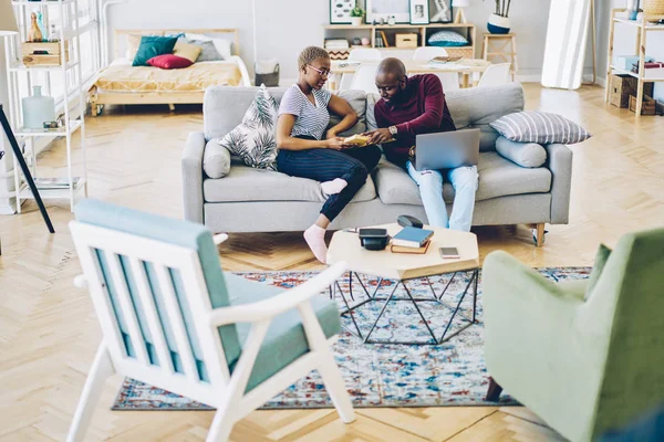 Romantic African American Couple Discussing New Book Spending Free Time — Stock Photo, Image