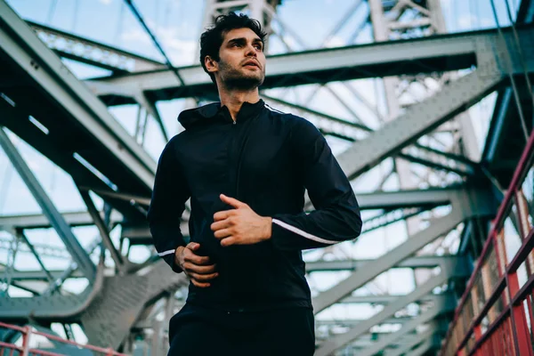 Muscular Jogger Sport Clothing Running City Bridge Morning Time Active — Stock Photo, Image