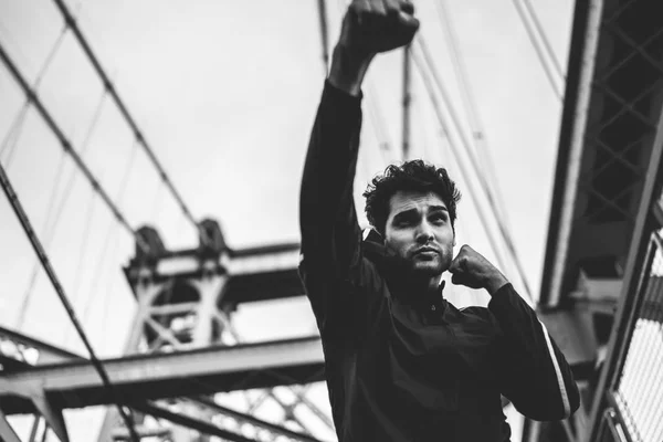 Male Athlete Concentrated Face Practicing Power Punches Strength City Bridge — Stock Photo, Image