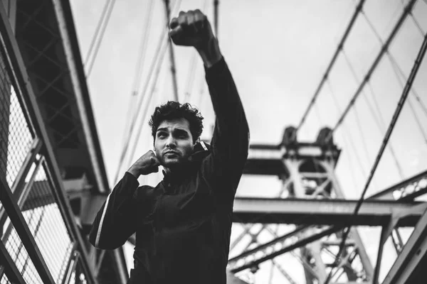 Serious Male Boxer Tracksuit Concentrated Training Fight Championat Practicing Punches — Stock Photo, Image