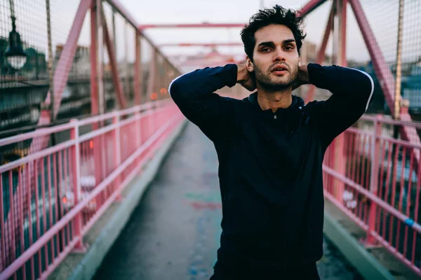 Half Length Portrait Tired Male Jogger Looking Camera Doing Exercises — Stock Photo, Image