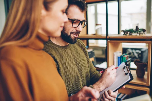 Positive Male Student Eyeglasses Analyzing Compendium Preparing University Examination While — Stock Photo, Image