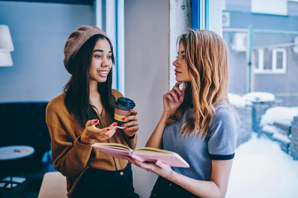 Two Diversity Hipster Girls Discussing Ideas Startup Project Book Spending — Stock Photo, Image