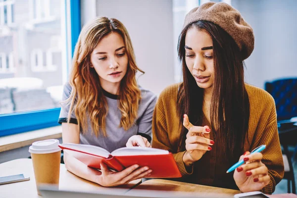 Gadis Intelejen Hipster Serius Membaca Literatur Menghabiskan Waktu Untuk Pendidikan — Stok Foto