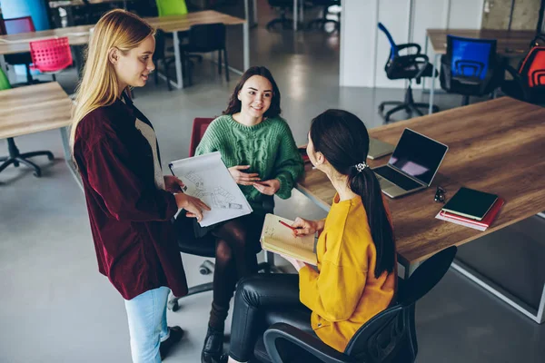 Positive Female Colleagues Discussing Ideas Share Opinions Brainstorming Office Students — Stock Photo, Image