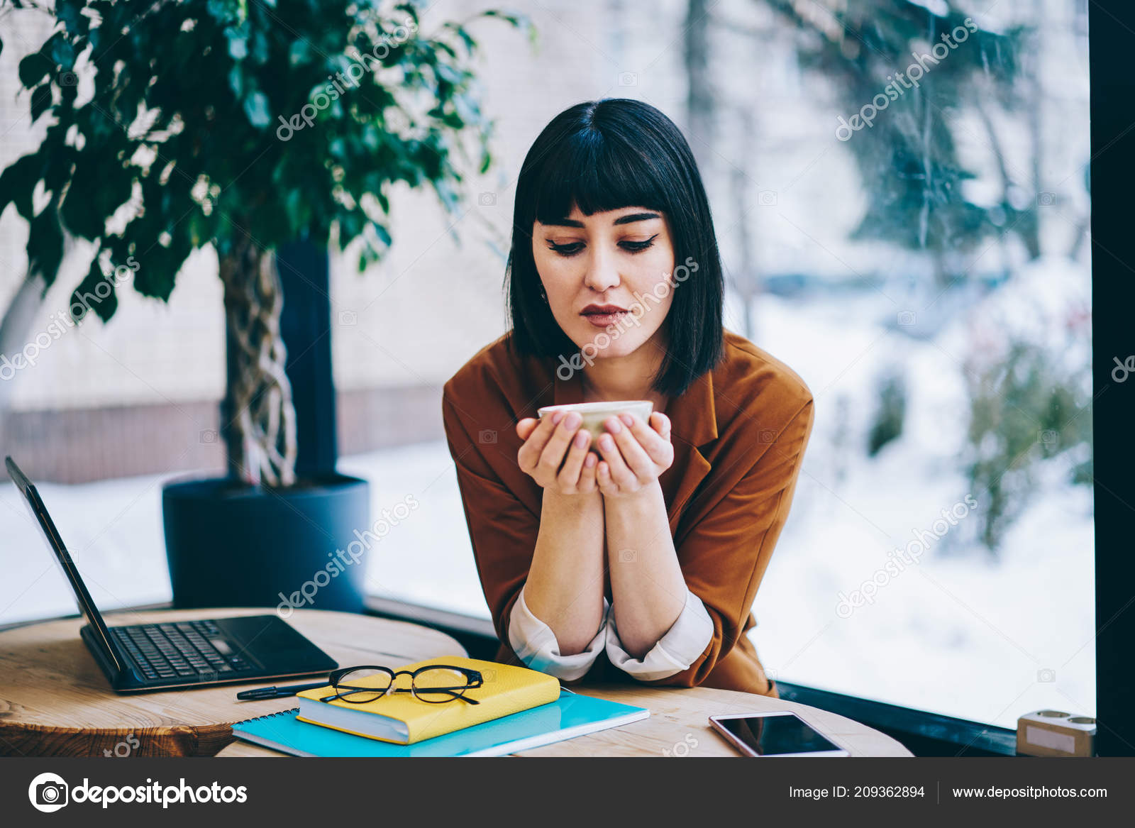 Young Serious Hipster Girl Bob Bang Haircut Looking Cup Tea