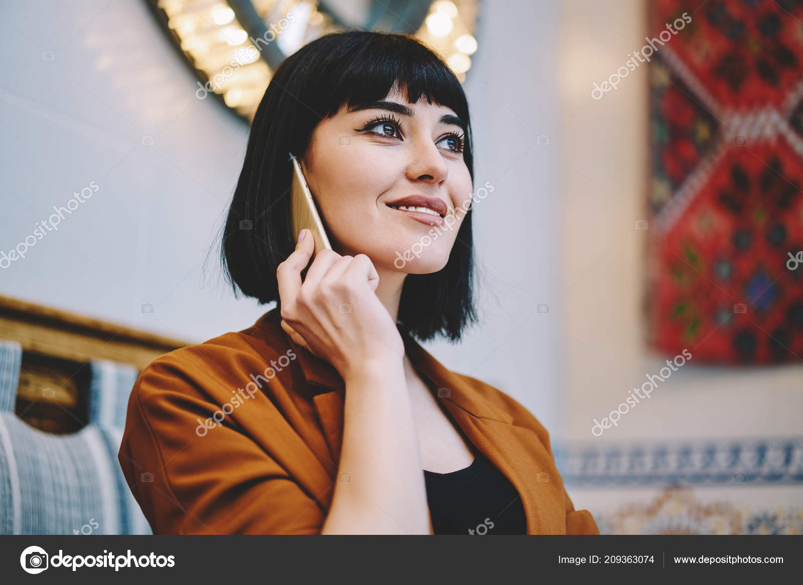 Successful Prosperous Hipster Girl Bob Bang Haircut Talking Friend
