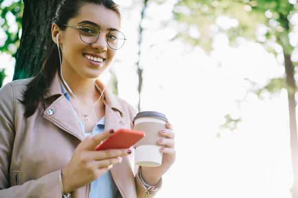 Happy Young Millennial Woman Looking Camera Satisfied Good Sound Earphones — Stock Photo, Image