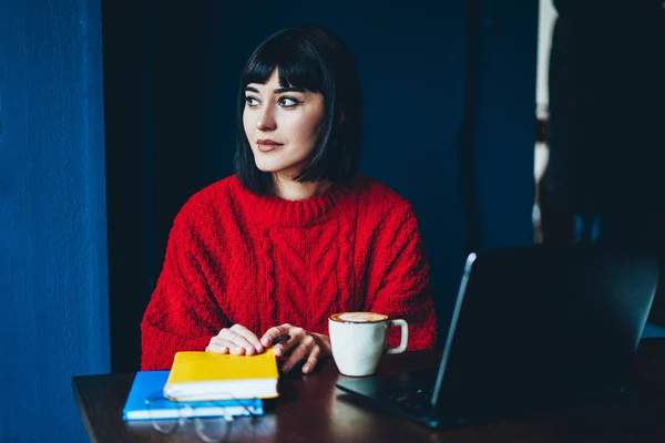 Pensive Hipster Girl Looking Away Pondering Preparing Exam Sitting Desktop — Stock Photo, Image