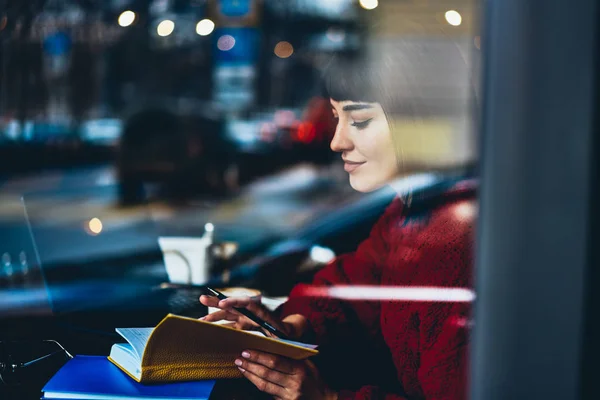 Positive Female Student Reading Information Textbook Education Enjoying Autodidact Indoors — Stock Photo, Image